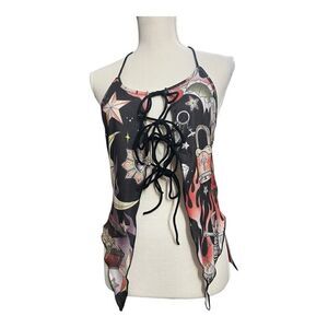 Romwe Black Multicolor Moon Floral Print Halter Top Size L Lace Up Open Back